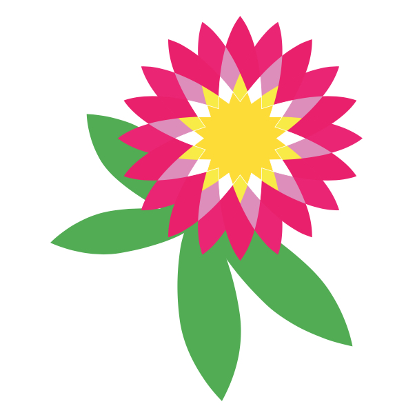 Art of a pink flower with a yellow center and green leaves.