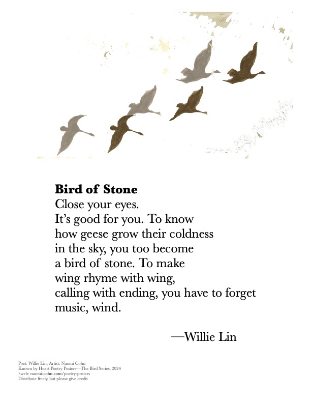 broadside combining poetry text by poet Willie Lin and artwork of geese by Naomi Cohn.